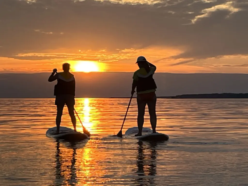 Active CARI resort experience: Silhouette of a person paddleboarding on the water at sunset.