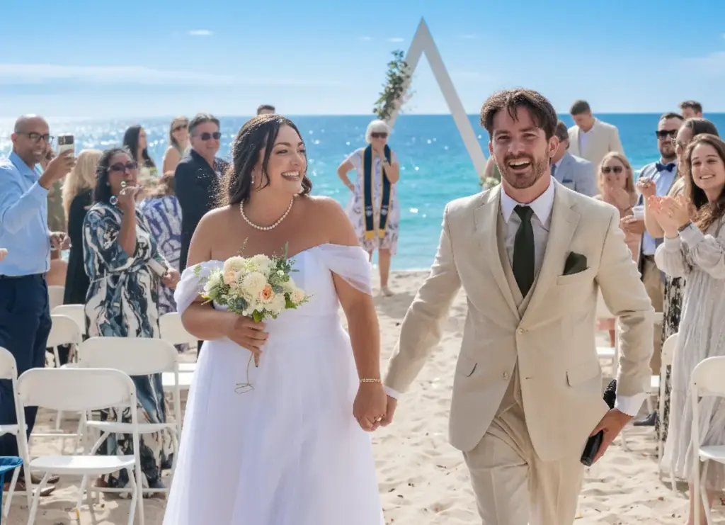 Bride and groom walking down a sunny beach aisle after the ceremony.