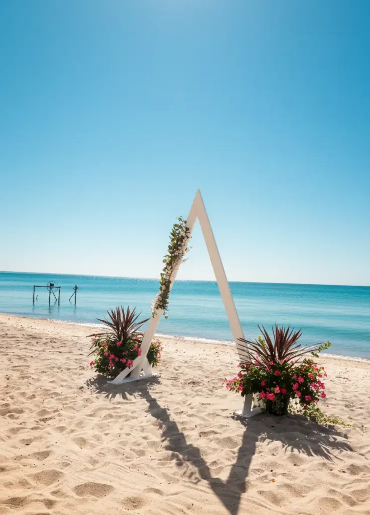 CARI beach wedding ceremony setup: A-frame white arch over the water for the vows.