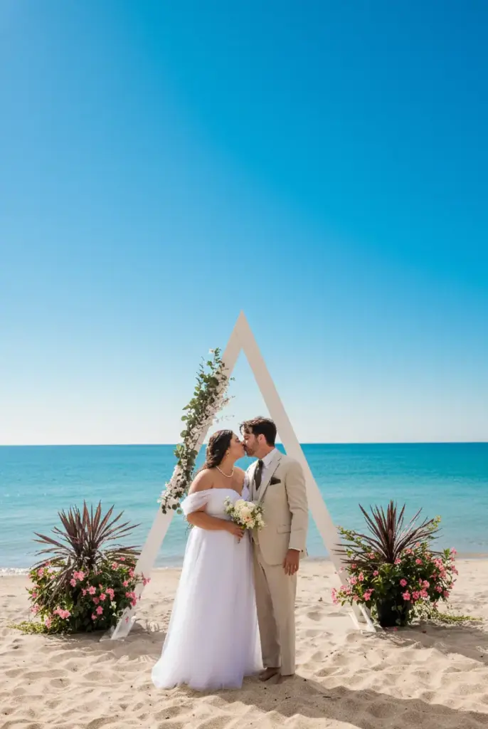 CARI destination wedding: Bride and groom kissing under a white pavilion structure on the beach.