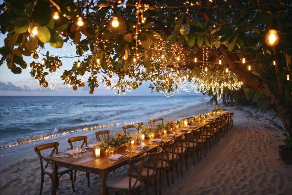 Elegant beachside dinner setup with candles, flowers, and neatly arranged chairs, stretching along the shoreline under glowing fairy lights.