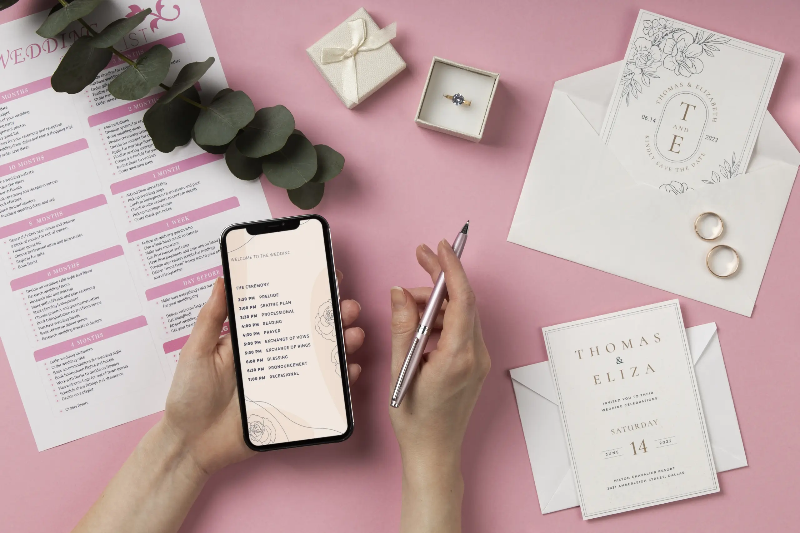 Flat lay of event planning details with invitations, rings, and phone schedule for weddings, celebrations, and retreats at a private resort